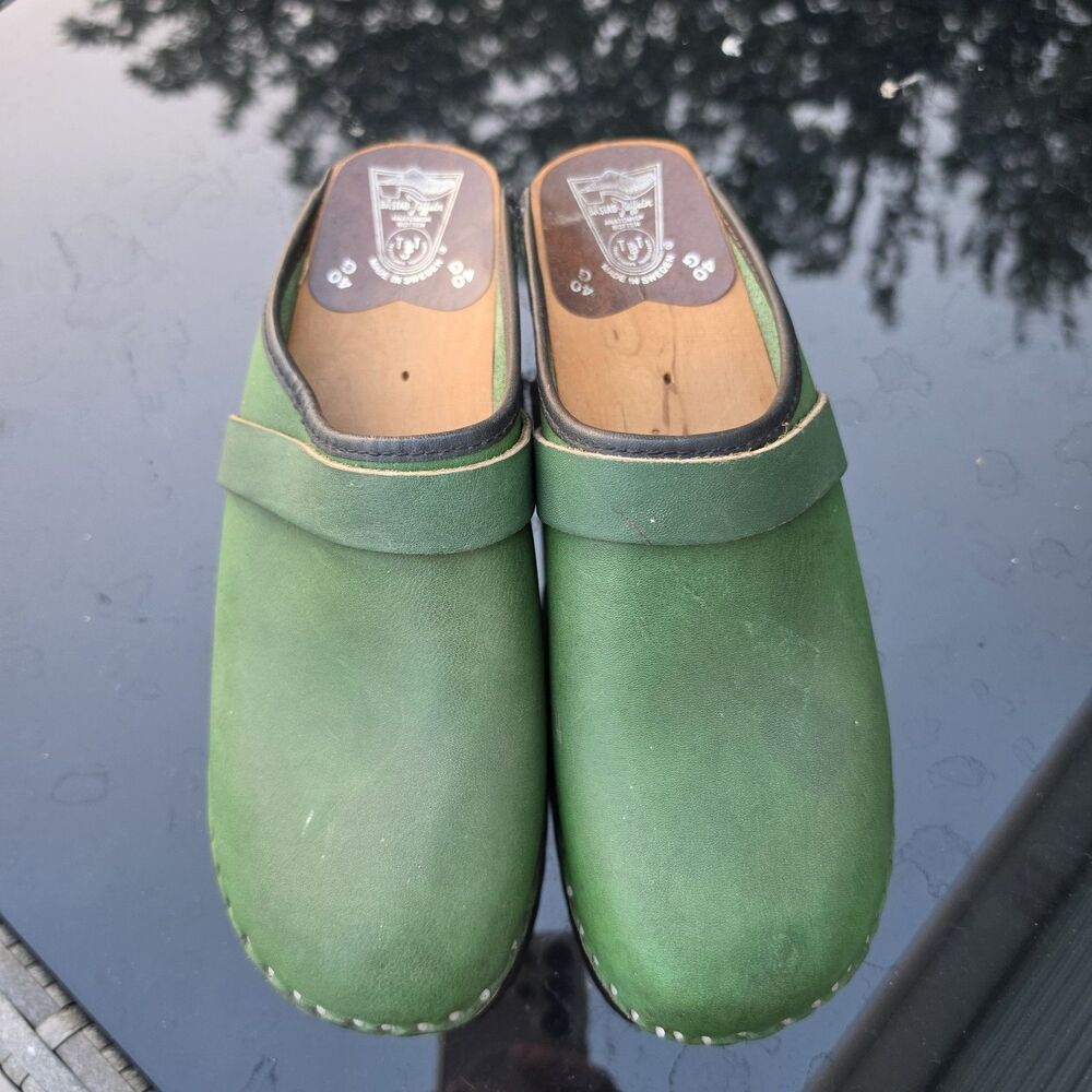 Swedish Bastad Toffeln Originals Green Leather and Wood Clogs Size 40 US 9 - Picture 7 of 10